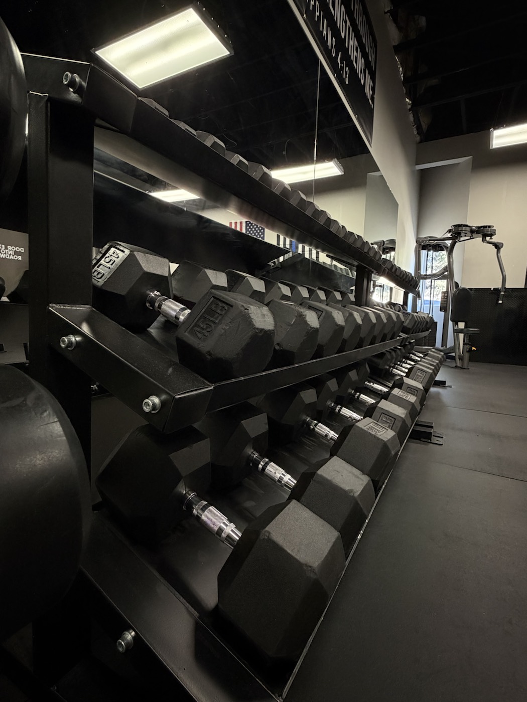Full rack of hex dumbbells