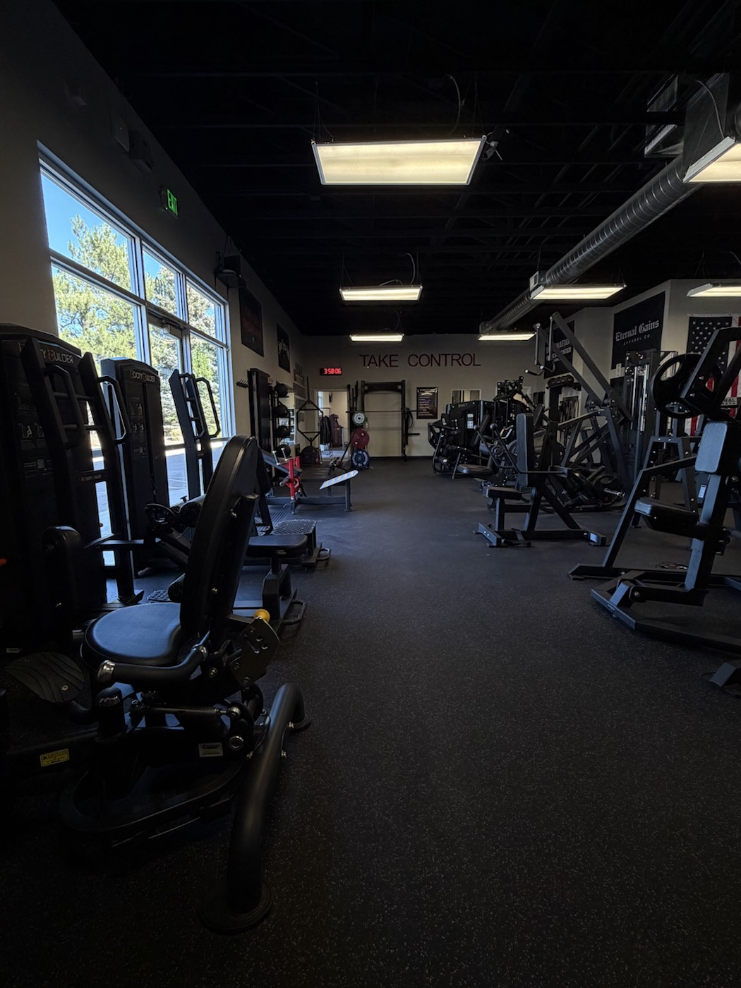 Strength machines along the front windows